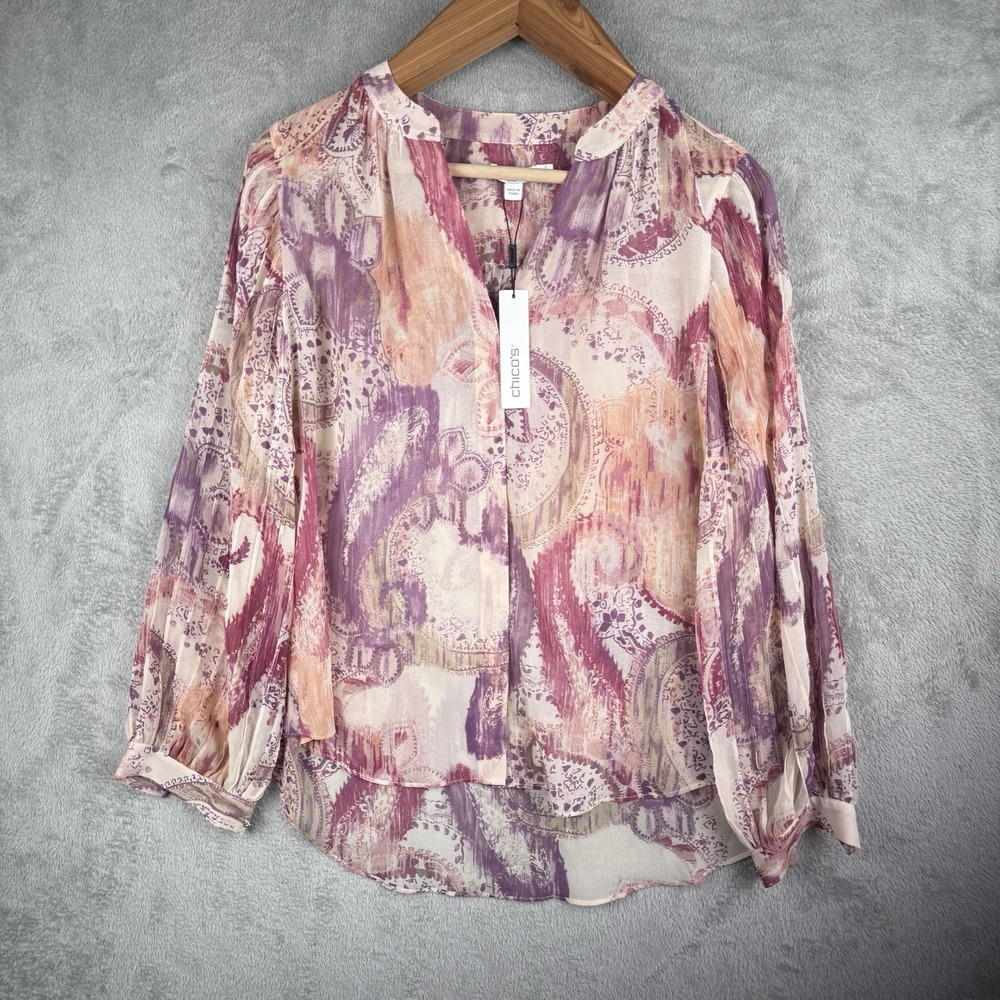 Chicos Blouse Womens 8 1 Pleated‎ Georgette Sheer Bishop Sleeves Lightweight NWT